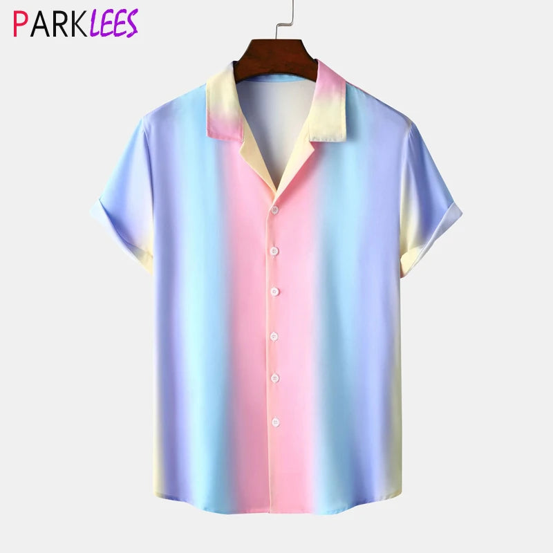 Stylish Gradient Color Mens Hawaiian Shirt 2023 Summer Short Sleeve